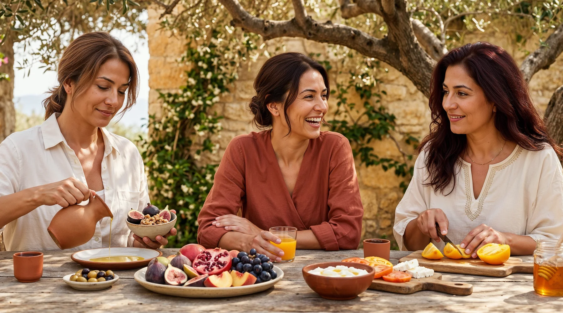 Akdeniz longevity temalı geç-sabah brunch sofrası — taş duvarlı bir bahçe terasında zeytin dalları altında üç yaşıt Türk kadın (46-52) yavaş yemek paylaşımı; solda yoğurta bal damlatan kestane ponytail, ortada terracotta wrap içinde portakal suyu tutan gülen yüz, sağda cream kaftan içinde şeftali dilimleyen koyu auburn; bakımlı boyalı saçlar, eskimiş rustik ahşap masada incir + nar + üzüm + zeytin + ceviz + ekmek + zeytinyağı + Türk kahvesi; honey-toned taş duvar + bougainvillea bokeh; uzun vadeli yaşam ve sosyal yavaş yaşam teması