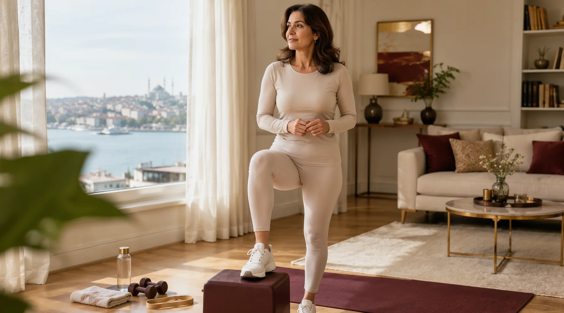 İstanbul manzaralı sıcak bir evde, mat üzerinde kontrollü step-up hazırlığında duran 40+ kadın; harekete yeniden başlama, denge ve sürdürülebilir güçlenme temasını taşıyan editoryal görsel