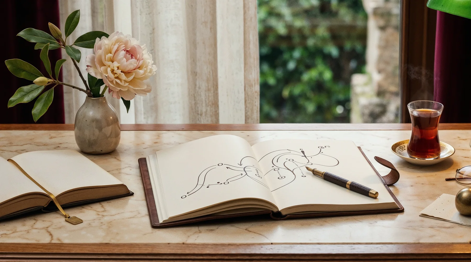 Akademisyen ev çalışma odasında pencere kenarında sıcak cream damarlı mermer masada saf natürmort (kişi yok); ortada açık leather-bound akademik not defteri üzerinde elle çizilmiş soyut biyolojik akış diyagramı (organik eğriler ve daireler, etiketsiz) ve dolma kalem, solda açık ciltli akademik kitap ve seramik vazoda peony ile magnolia dalı (botanik aksan), sağda buharlı klasik Türk çay bardağı altın tabakta, brass-rimmed okuma gözlüğü, brass orb paperweight; bordo kadife perde edge, sheer keten perde, dışarıda yumuşak yeşil bokeh, brass yeşil camlı banker abajur warm focused light; biyoloji ile doğal güzelliğin kesişiminde hormonların bilimi teması