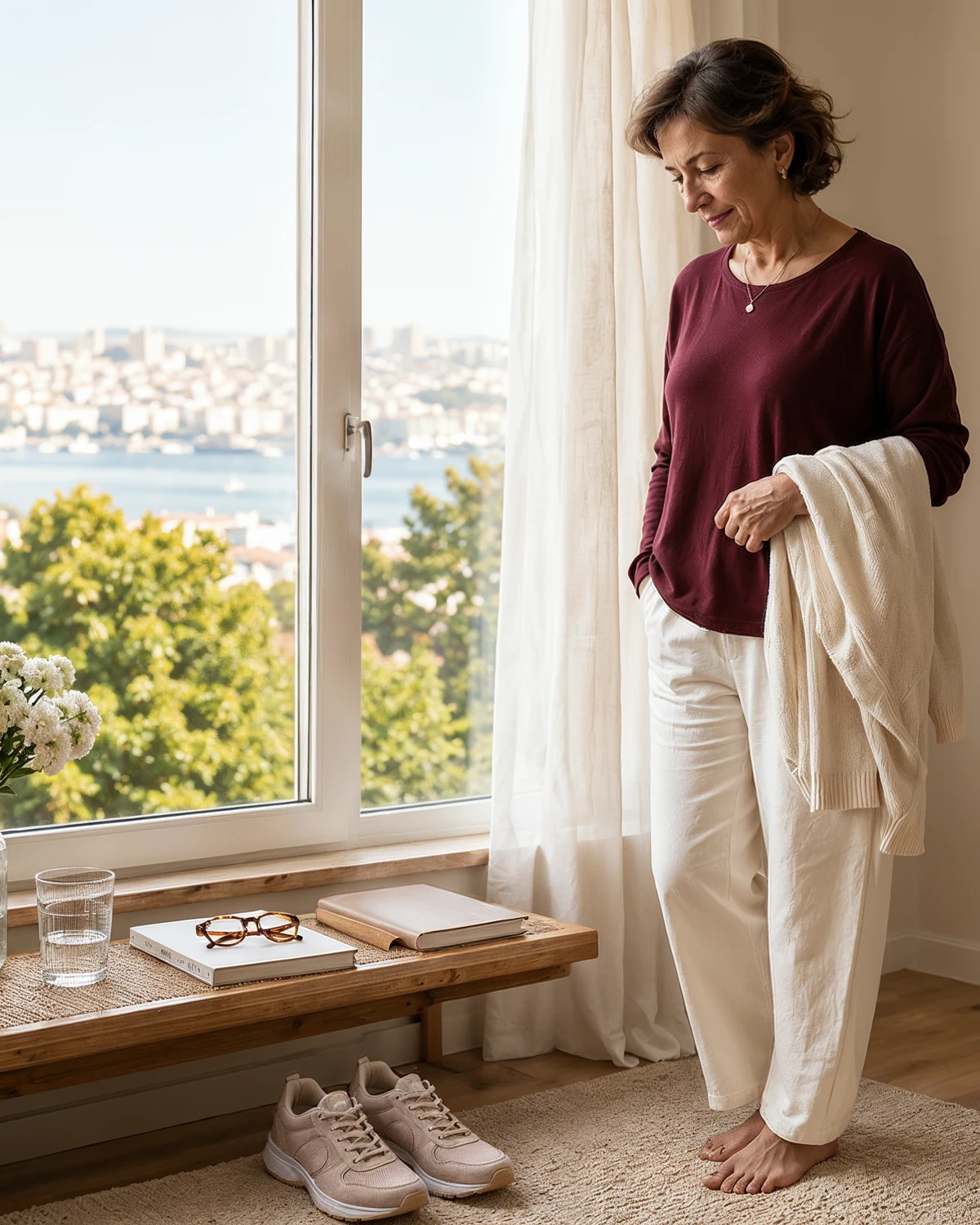 Aydınlık bir evde pencere yanında oturan 50+ kadın; kemik gücü, kırık riski ve koruyucu ortopedik takip temasını taşıyan sakin editoryal görsel