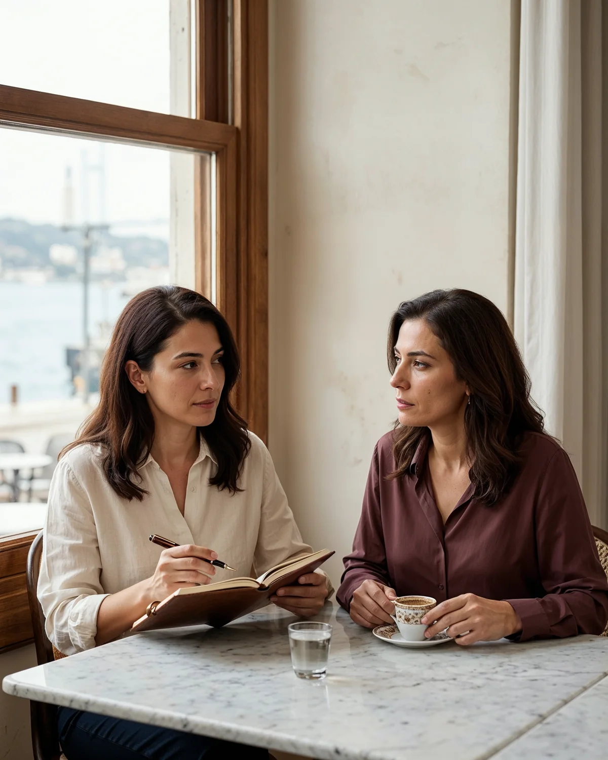 Aydınlık bir iç mekanda bedensel değişimi fark eden 40+ kadın portresi; perimenopozun ilk işaretleri için editoryal görsel
