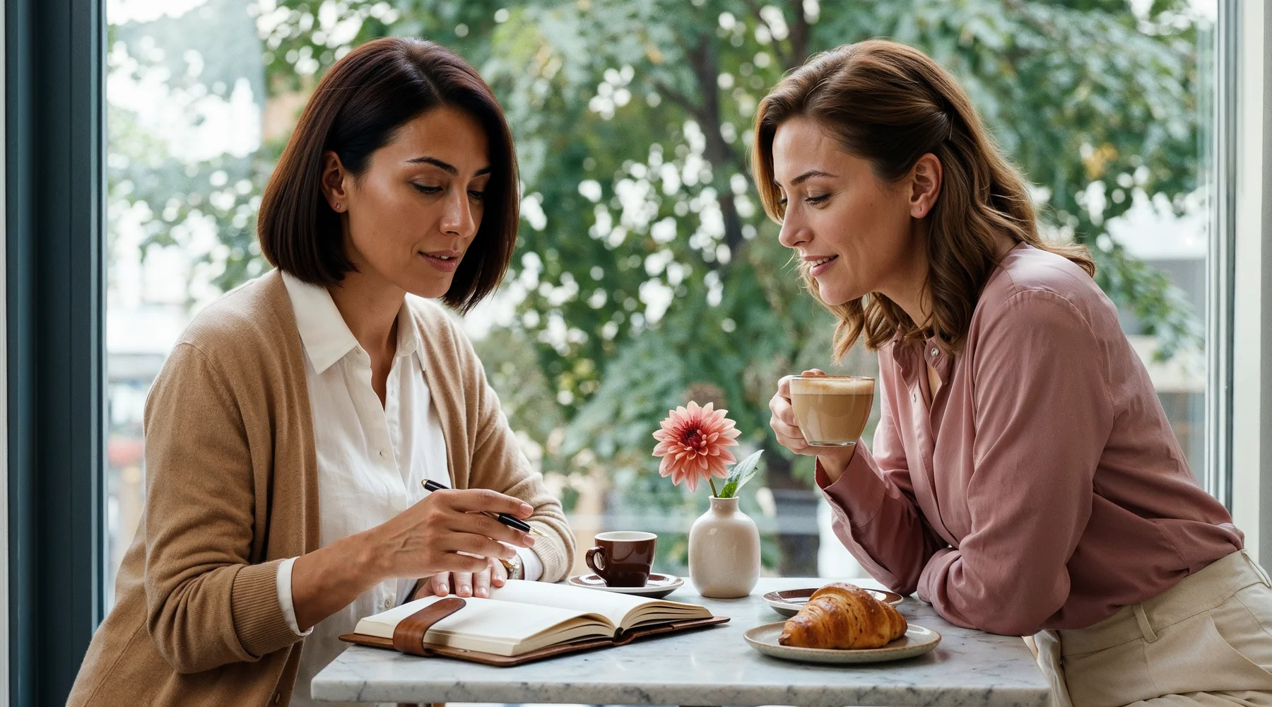 Aydınlık bir İstanbul kafesinin pencere kenarında karşılıklı oturan iki yaşıt kadın (40-44); birinin önünde açık deri not defteri ve dolma kalem, diğerinin elinde latte sanatlı cappuccino; bakımlı boyalı saçlar (koyu kestane bob ve sıcak kahve dalga), ivory keten gömlek ve dusty pink ipek bluz, mermer masada espresso fincanı ve seramik vazoda dahlia, yanında croissant tabağı; perimenopoza birlikte fark etme ve erken farkındalık teması