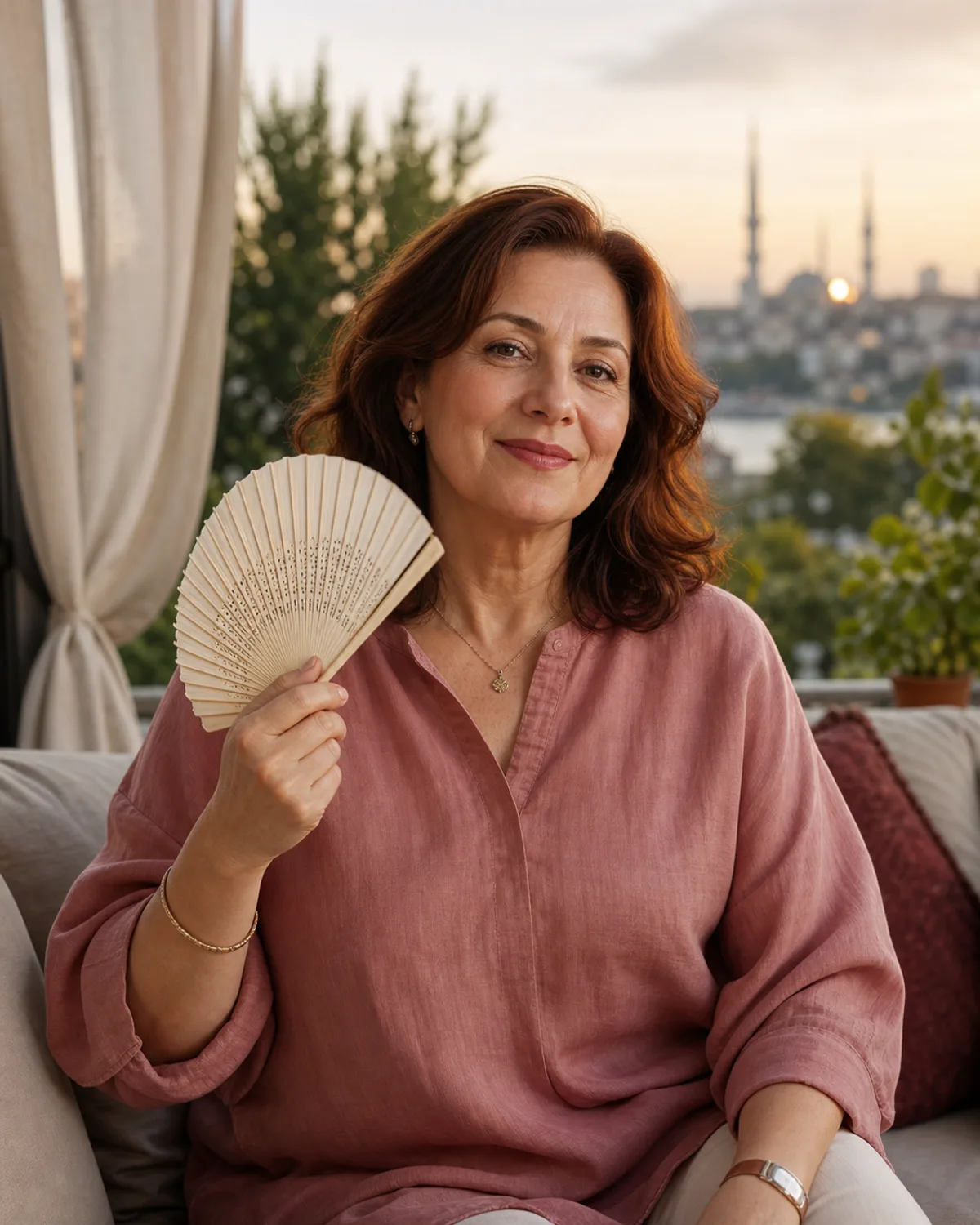 İstanbul terasında yelpaze tutan olgun kadın; sıcak basması ve gece terlemesi yazısı