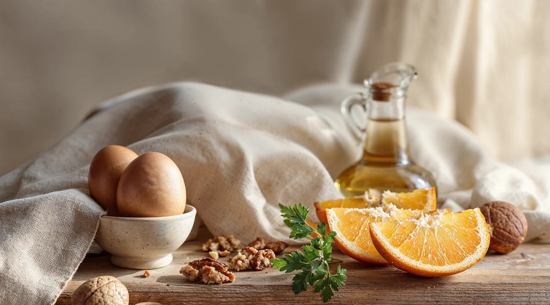 Açık ahşap tezgâhta sabah beslenme natürmortu — krem seramik kapta yumurtalar, etiketsiz cam yağ cruet, dilimlenmiş portakal, bütün cevizler ve maydanoz; metabolik denge ve gerçek besin temasını sade editöryal tonla taşıyan dosya görseli