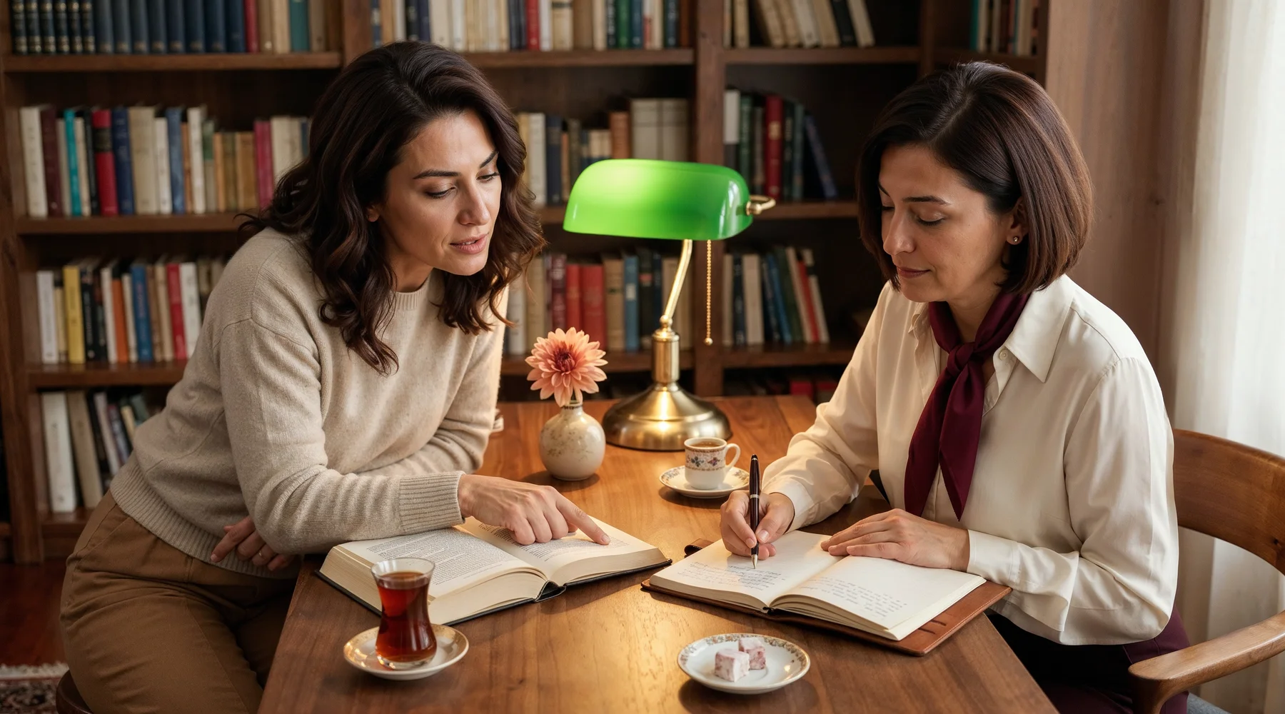 Sıcak bir İstanbul evinin küçük kütüphanesinde walnut masada birlikte çalışan iki yaşıt kadın (49-52); soldaki oatmeal cashmere kazak ve camel pant içinde açık ciltli kitap üzerine işaret parmağıyla bir kelimeyi gösteriyor, sağdaki cream ipek bluz ve bordo eşarp boyunda ahşap yan kollu sandalyede dolma kalemle açık deri kapaklı not defterine yazıyor; bakımlı boyalı saçlar, yumuşak sabah ışığı, çay bardağı ve açık not defteri eşliğinde perimenopozda odak ve bellek dalgalanmasını sakin biçimde okuma teması
